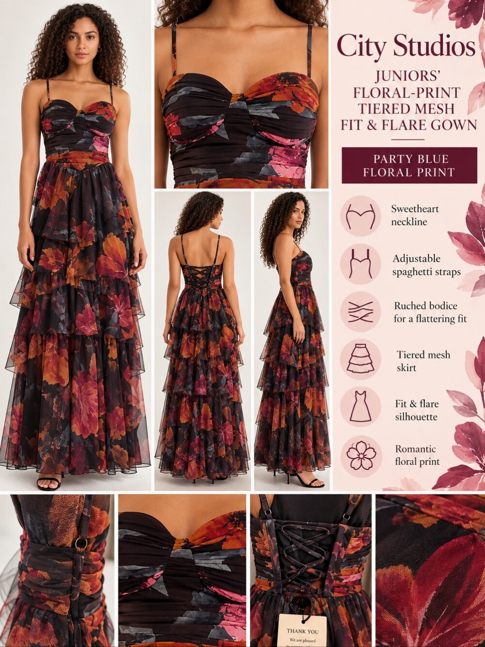 NWT City Studios Black Floral Tiered Mesh Gown with Red & Orange Blooms